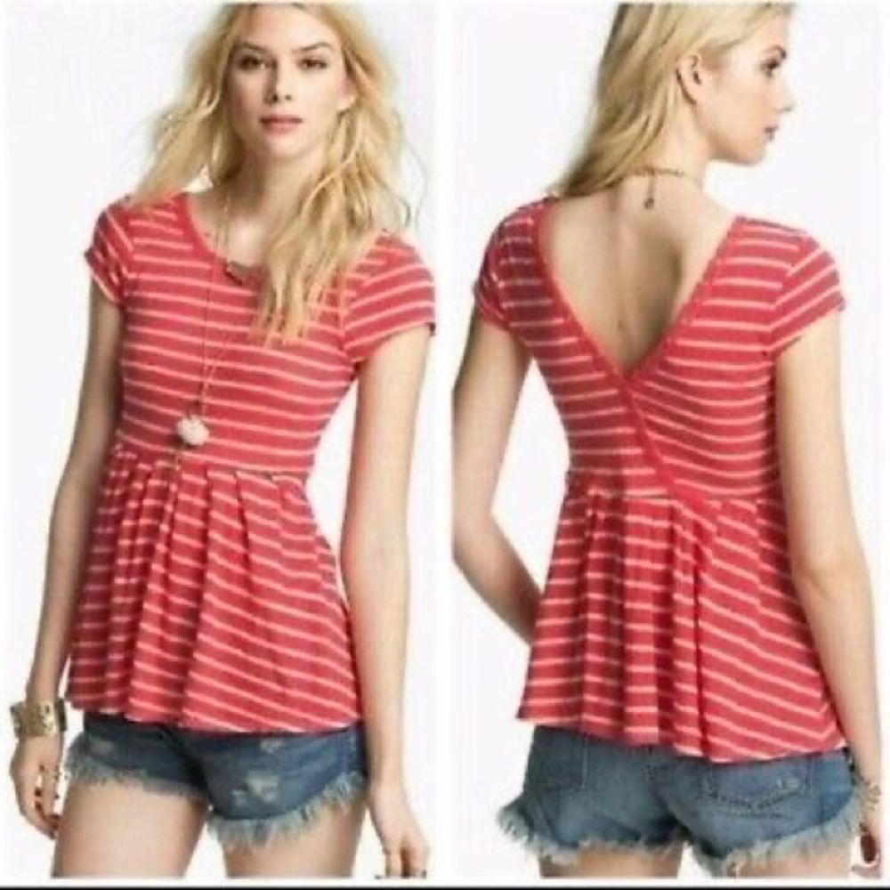 Free People Coral Striped Short Sleeve Tee